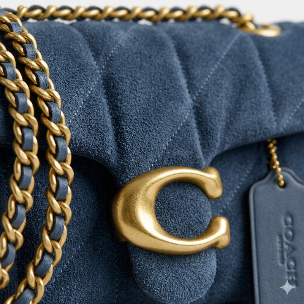 Luxury steel blue quilted leather shoulder bag with gold chain strap and elegant metal clasp