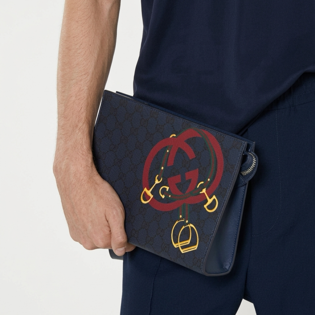 Luxury Monogram Printed Premium Leather Clutch Bag for Men & Women – Designer Style Travel Pouch (Navy Blue)