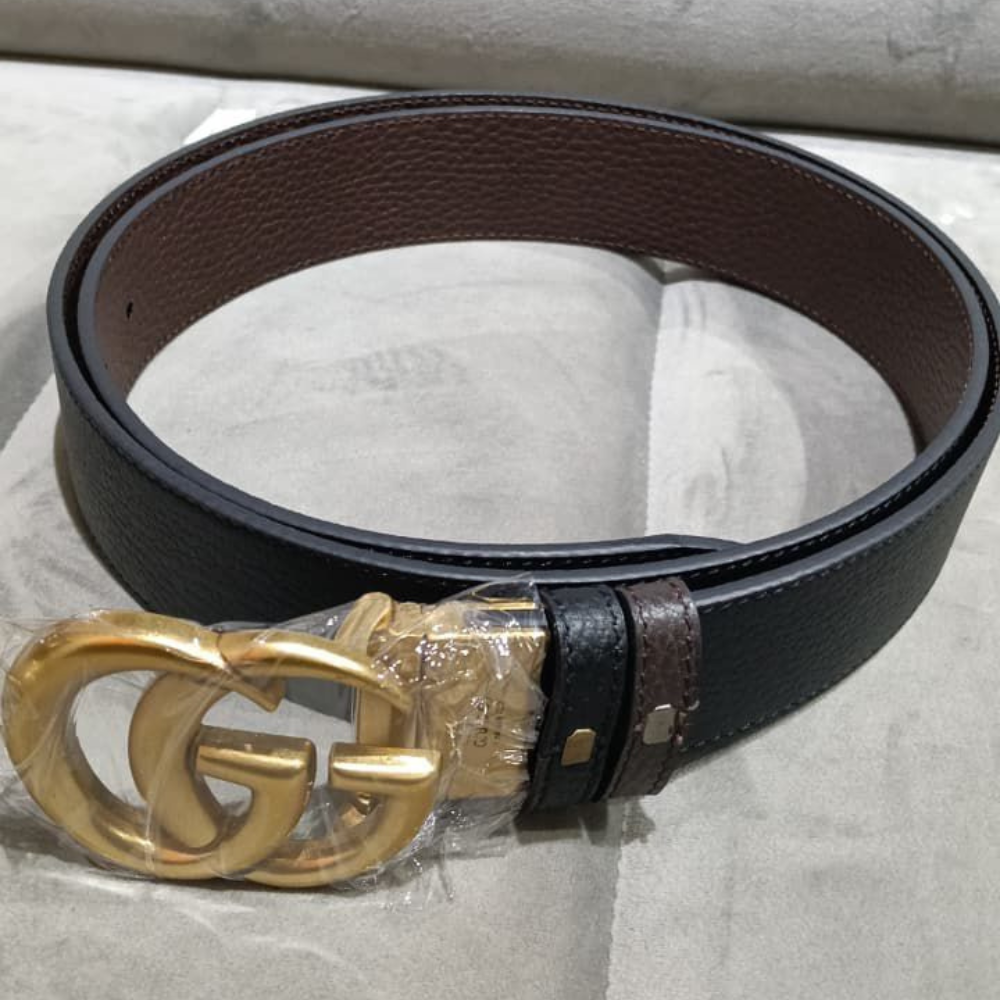 High-end designer style leather belt for men with gold buckle and dual color strap