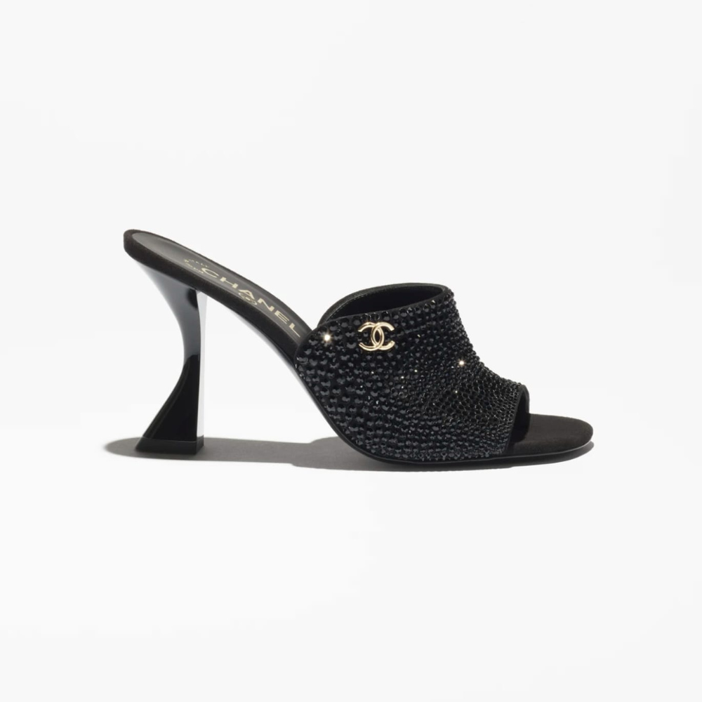 Designer inspired black mule sandals with sparkling stones and high heel