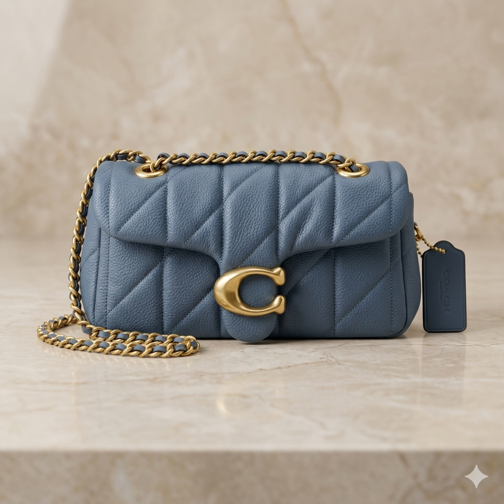 Luxury steel blue quilted leather shoulder bag with gold chain strap and elegant metal clasp