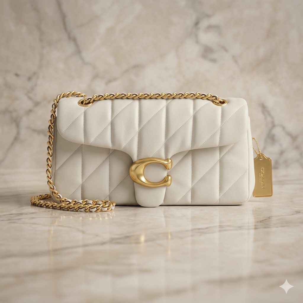 Luxury cream quilted leather shoulder bag with gold chain strap and elegant metal clasp