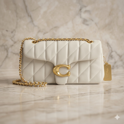 Luxury cream quilted leather shoulder bag with gold chain strap and elegant metal clasp