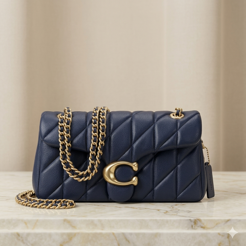 Luxury midnight blue quilted leather shoulder bag with gold chain strap and elegant metal clasp