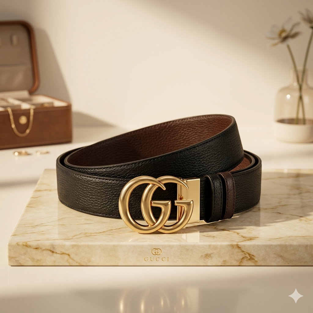 Luxury reversible leather belt with black and brown strap and gold designer buckle