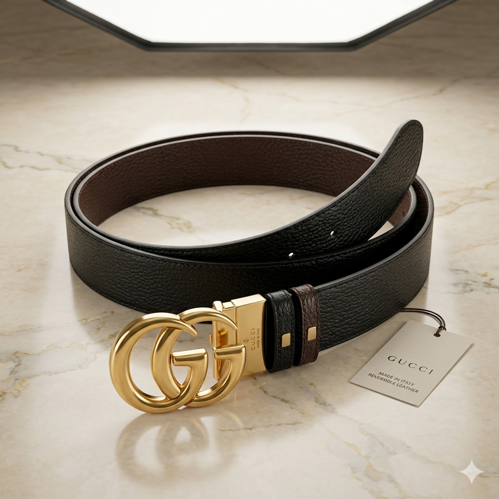 Premium black and brown reversible leather belt with elegant gold buckle