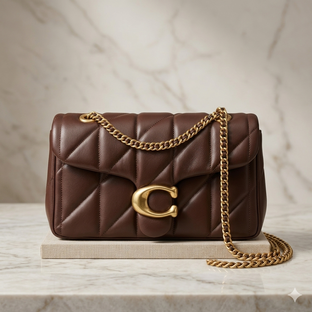 Luxury brown quilted leather shoulder bag with gold chain strap and elegant metal clasp