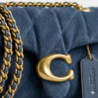 Luxury steel blue quilted leather shoulder bag with gold chain strap and elegant metal clasp