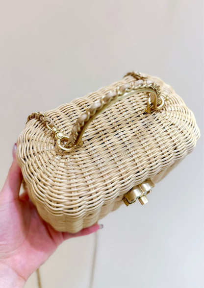 Luxury Woven Rattan Handbag for Women – Vintage Mini Box Clutch with Gold Turn Lock & Top Handle