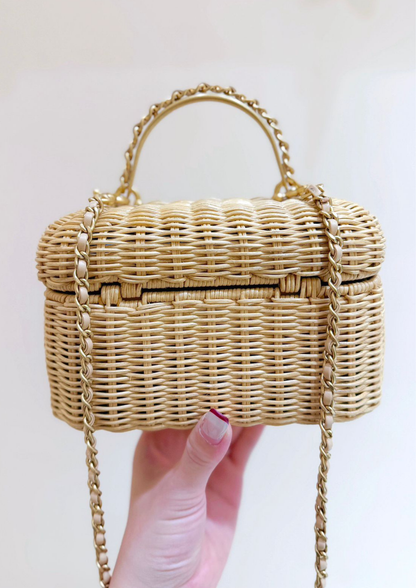 Luxury Woven Rattan Handbag for Women – Vintage Mini Box Clutch with Gold Turn Lock & Top Handle