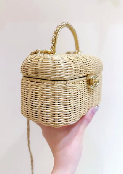 Luxury Woven Rattan Handbag for Women – Vintage Mini Box Clutch with Gold Turn Lock & Top Handle