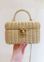 Luxury Woven Rattan Handbag for Women – Vintage Mini Box Clutch with Gold Turn Lock & Top Handle