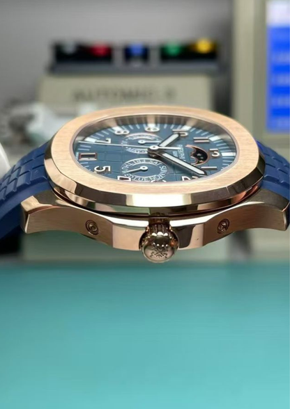 Ultra Luxury Automatic Men’s Watch – Rose Gold Stainless Steel Case with Blue Dial & Rubber Strap | High-End Mechanical Timepiece