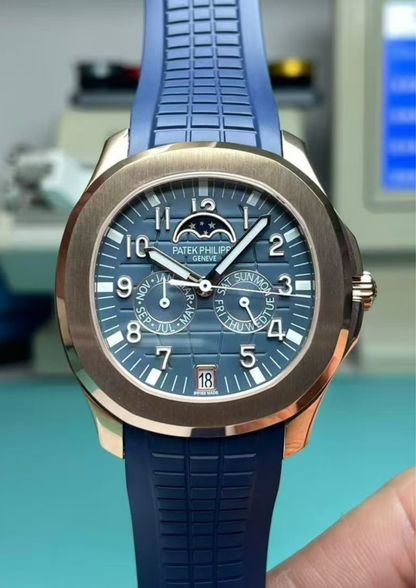 Ultra Luxury Automatic Men’s Watch – Rose Gold Stainless Steel Case with Blue Dial & Rubber Strap | High-End Mechanical Timepiece