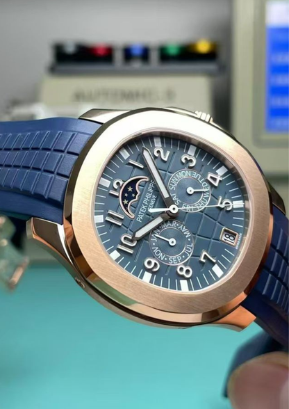 Ultra Luxury Automatic Men’s Watch – Rose Gold Stainless Steel Case with Blue Dial & Rubber Strap | High-End Mechanical Timepiece