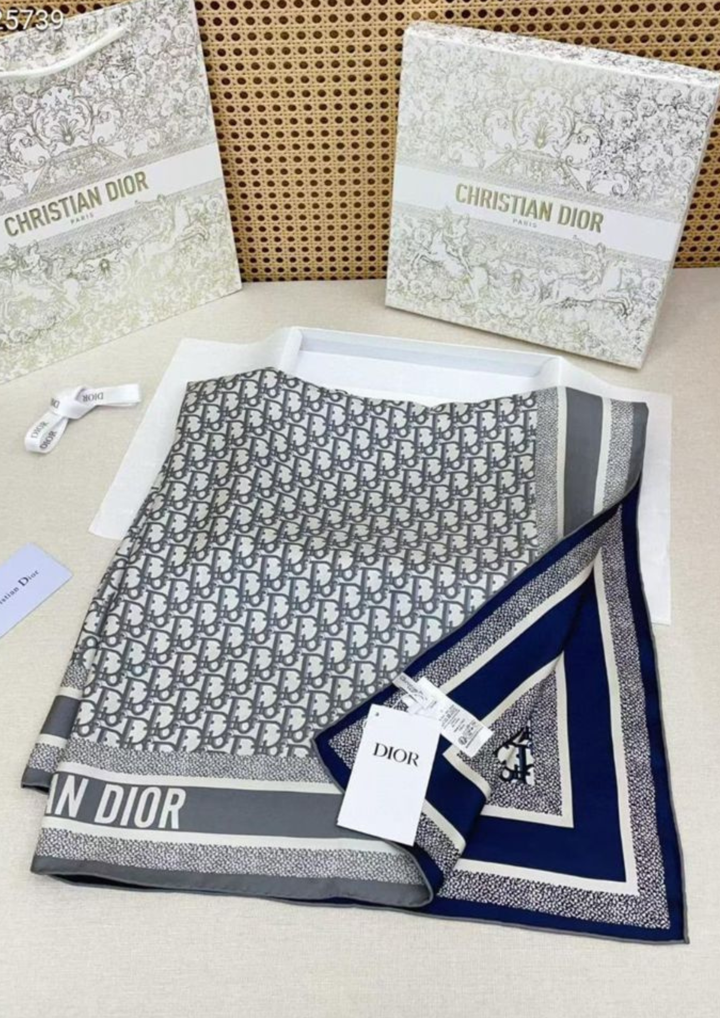 Luxury Monogram Silk Scarf for Women – Premium Designer Inspired Square Wrap (Grey & Navy Blue)