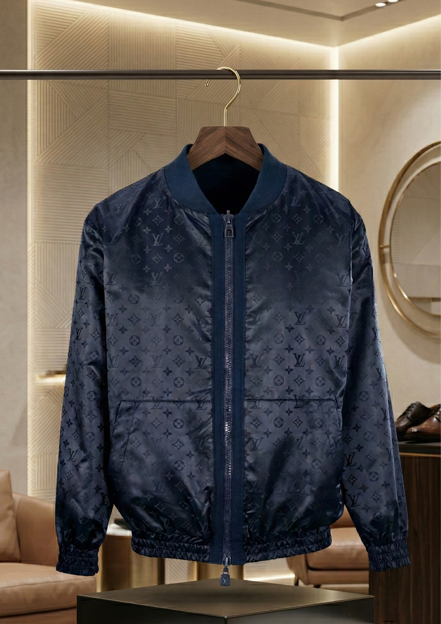 Luxury navy blue monogram bomber jacket for men with zipper front premium designer style jacket