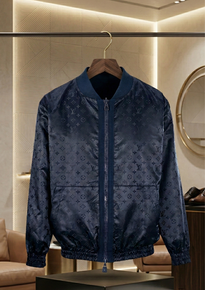Luxury navy blue monogram bomber jacket for men with zipper front premium designer style jacket