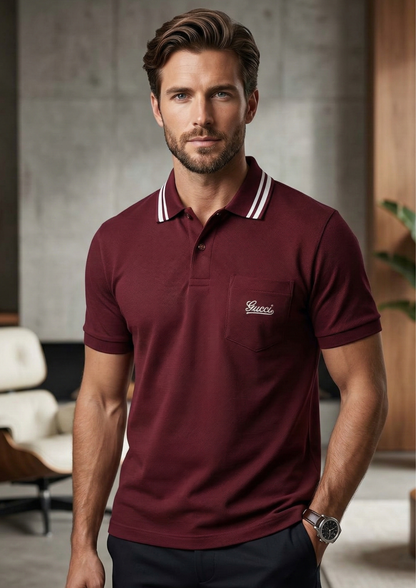 Men’s Burgundy Luxury Polo Shirt – Premium Cotton Striped Collar Designer Polo