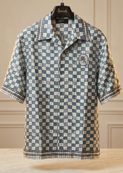Men’s Premium Blue & White Checkered Short Sleeve Shirt – Casual Button Down Summer Shirt