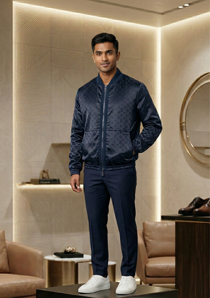Premium navy blue bomber jacket with all over monogram pattern stylish men's luxury fashion jacket