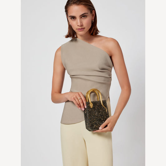 Premium black designer style handbag with metallic snake handle