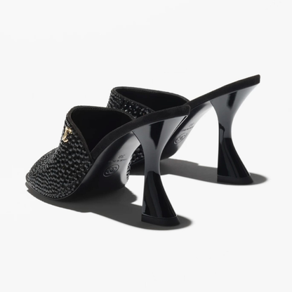 Stylish women party wear black heels with rhinestone upper and open back
