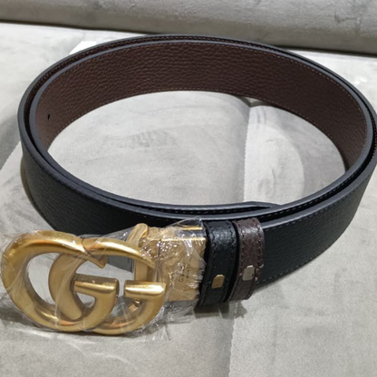 High-end designer style leather belt for men with gold buckle and dual color strap