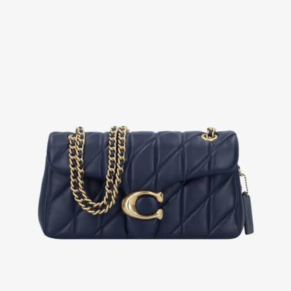 Luxury midnight blue quilted leather shoulder bag with gold chain strap and elegant metal clasp