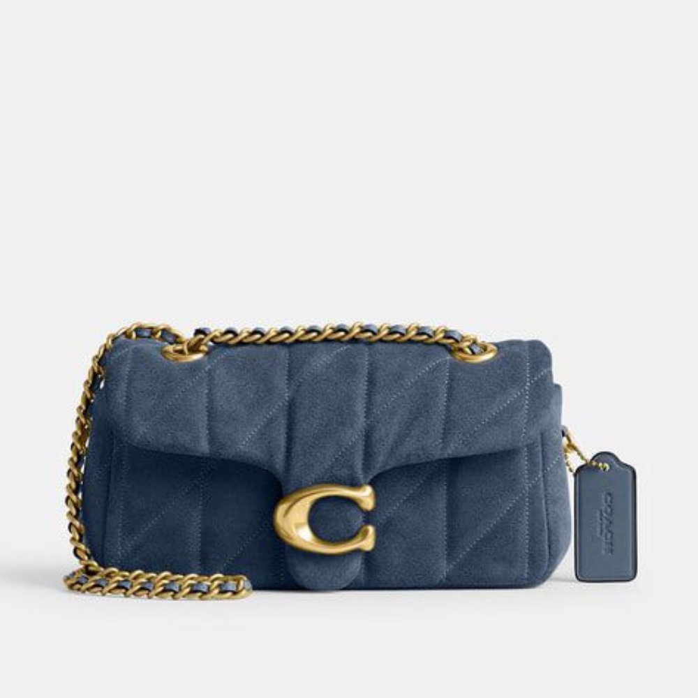 Luxury steel blue quilted leather shoulder bag with gold chain strap and elegant metal clasp