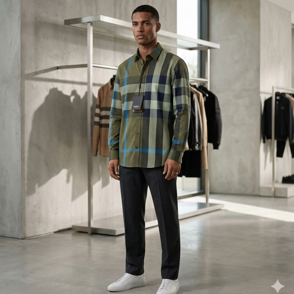 olive green check shirt for men with blue stripes long sleeve stylish casual wear