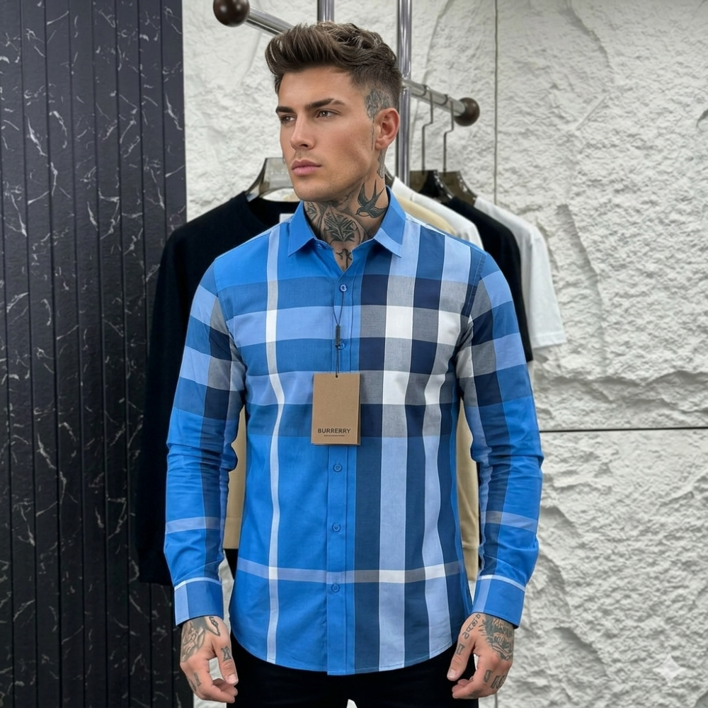 Men’s Blue Checkered Shirt – Stylish Plaid Casual Long Sleeve Shirt
