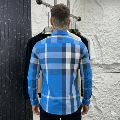 Men’s Blue Checkered Shirt – Stylish Plaid Casual Long Sleeve Shirt