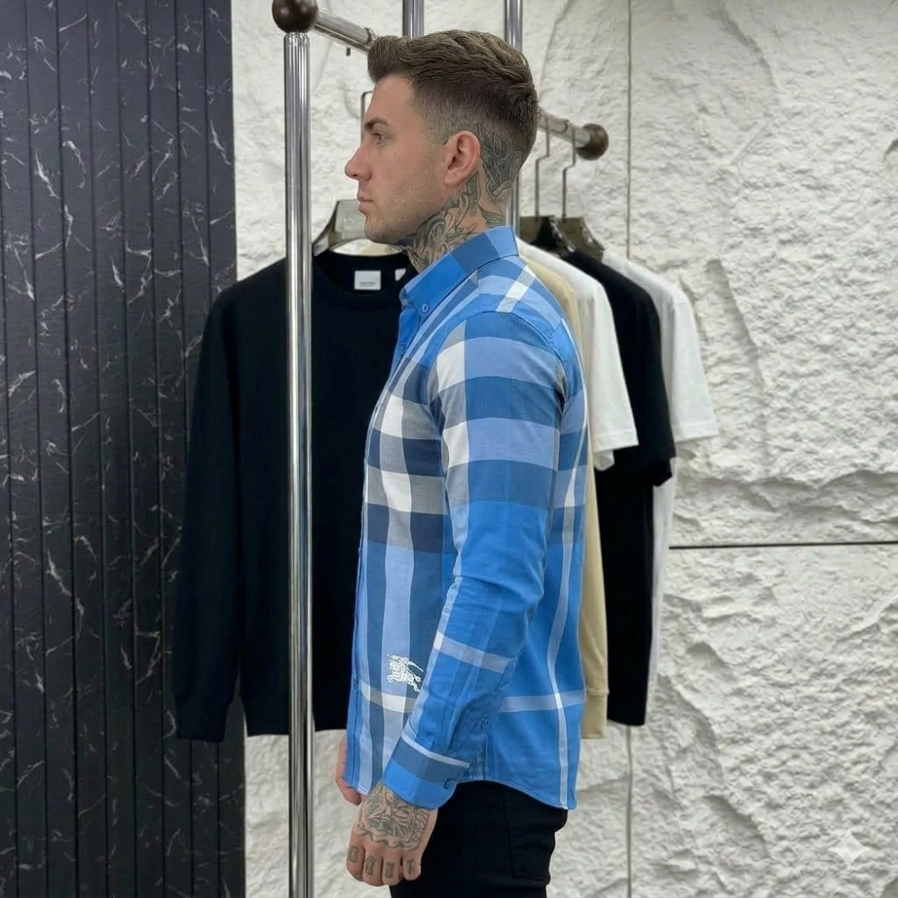 Men’s Blue Checkered Shirt – Stylish Plaid Casual Long Sleeve Shirt