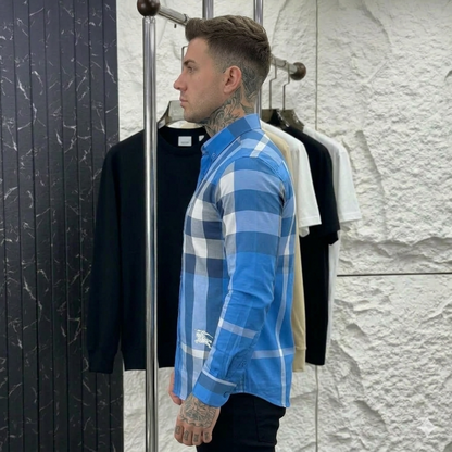 Men’s Blue Checkered Shirt – Stylish Plaid Casual Long Sleeve Shirt