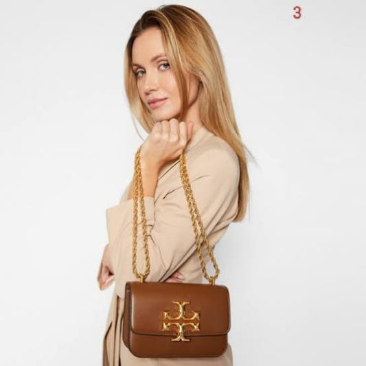 Luxury Burch Brown Leather Shoulder Bag with Gold Chain Strap