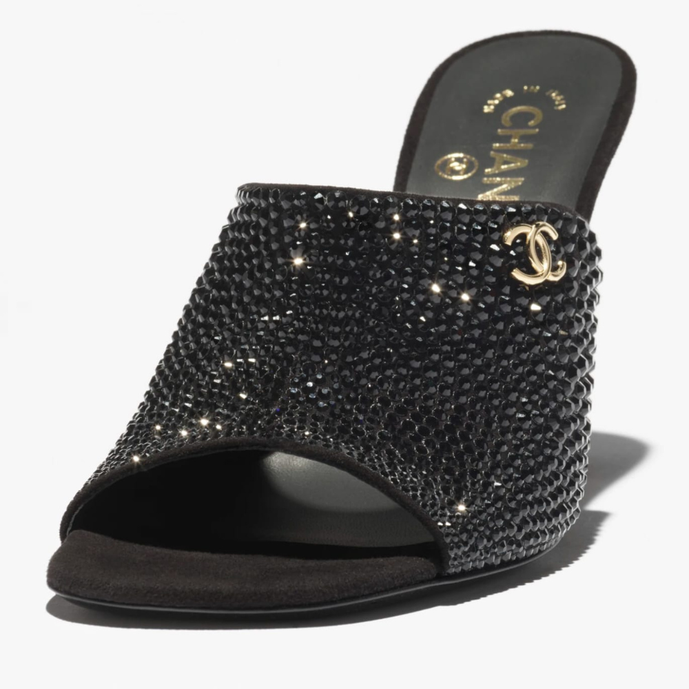Women black rhinestone mule heels with elegant high heel party sandals