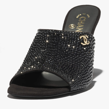 Women black rhinestone mule heels with elegant high heel party sandals